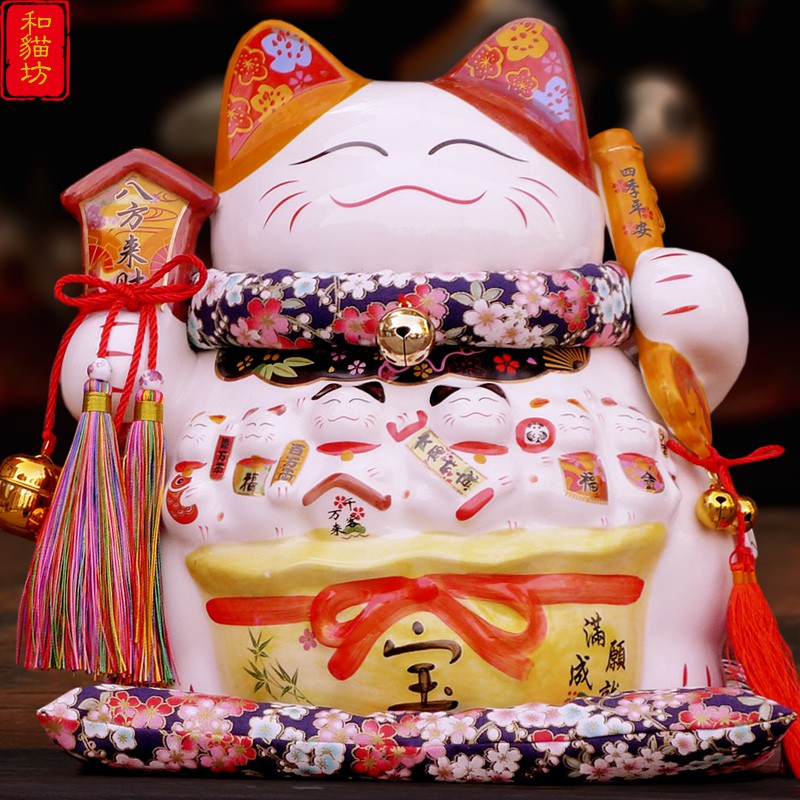 日式正版猫摆件店铺开业礼品特大号摇手陶瓷存钱罐家居装饰品 三维工匠 12寸系列-生意兴隆高29厘米猫高清大图