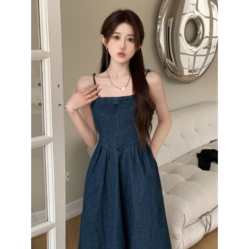 语娄大码女装早秋新款微胖显瘦高级感黑色开衫牛仔吊带连衣裙两件套装