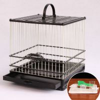 新款绣眼塑钢鸟笼精品方形抽屉笼绣眼颠颏柳莺黄雀鸟洗澡笼 黑色塑料碗套餐