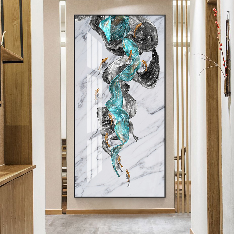 年年有鱼九鱼图玄关装饰画走廊过道挂画 祥吉金鱼(银色边框) 75*150cm晶瓷画(晶瓷工艺+金属框)统一发金色边框(需高清大图