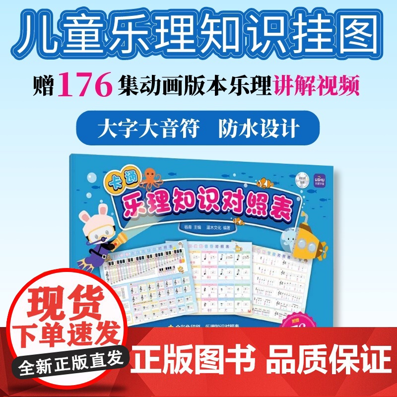 卡通乐理知识对照表 少儿实用乐理知识挂图大谱表五线谱键盘对照节拍音符学习贴画挂图表儿童乐理入门音乐学习海报大字大音符