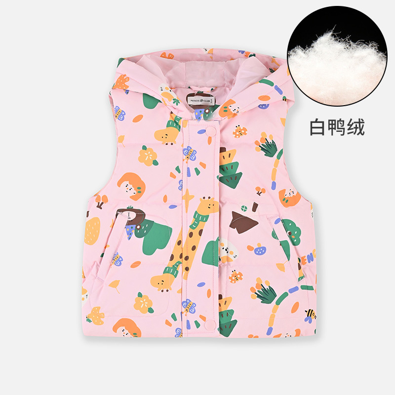 铅笔俱乐部2024秋冬新品女小童羽绒背心儿童保暖马夹宝宝带帽上衣 100cm 粉红