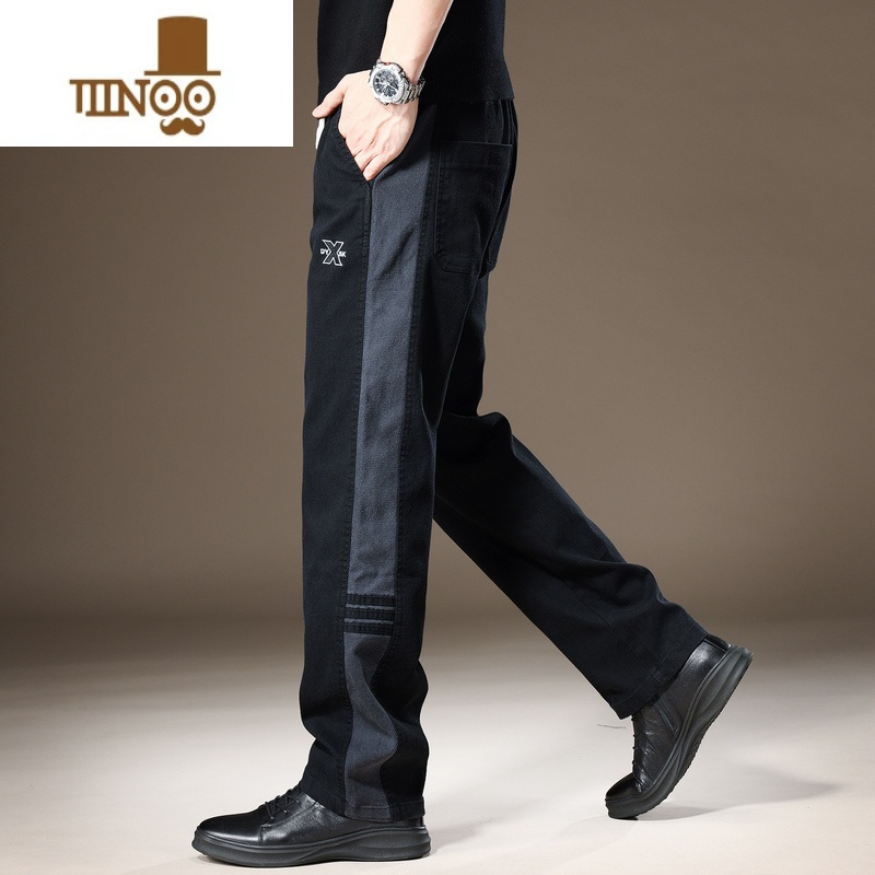 YANXU2023夏季薄款垂感直筒休闲裤男美式宽松条纹高街阔腿百搭拖地裤男 黑色 L适合130-150斤