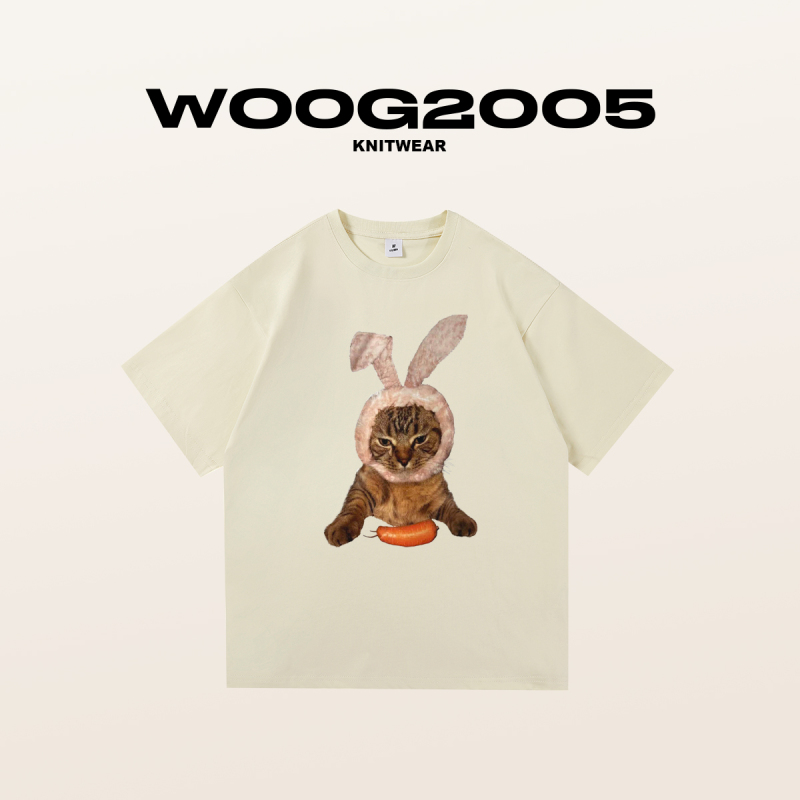 WOOG2005猫咪兔子趣味印花2022男士印花T恤ins潮男女同款圆领短袖