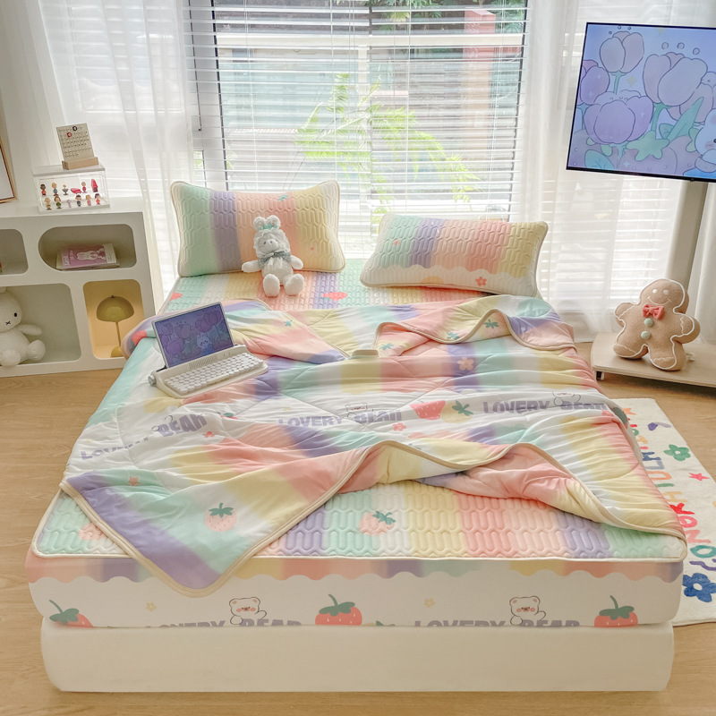 乳胶凉席床笠款夏被四件套乳胶席三件套夏凉被空调被冰丝 床笠款-草莓彩虹 150*200cm单夏被