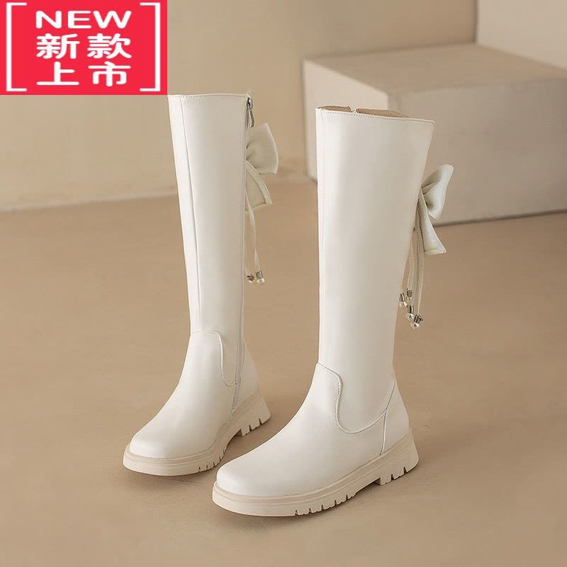 可莉允软皮不起褶!白色儿童靴子女童长靴2022新款冬季童靴长筒高筒皮靴图片