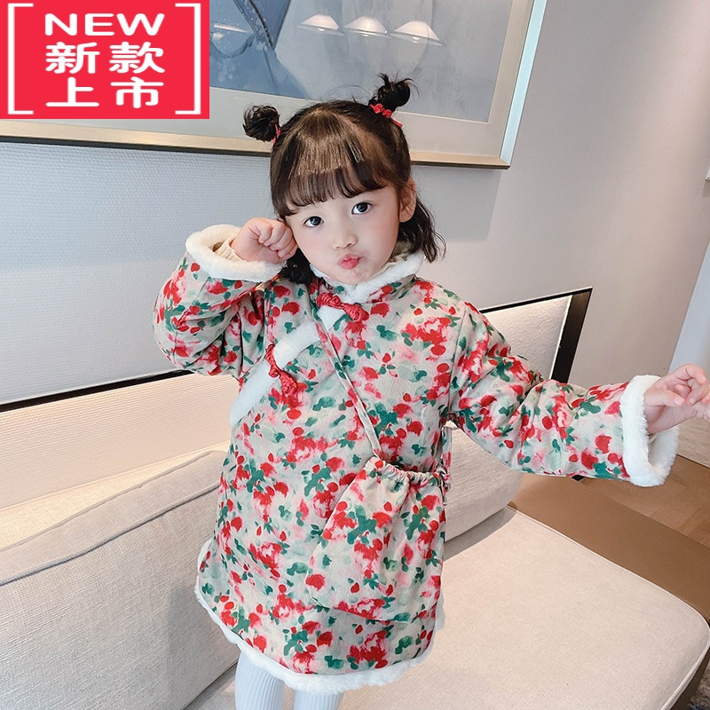 可莉允女童加厚保暖旗袍裙棉衣冬装中国风女宝宝冬季夹棉碎花唐装拜年服棉服