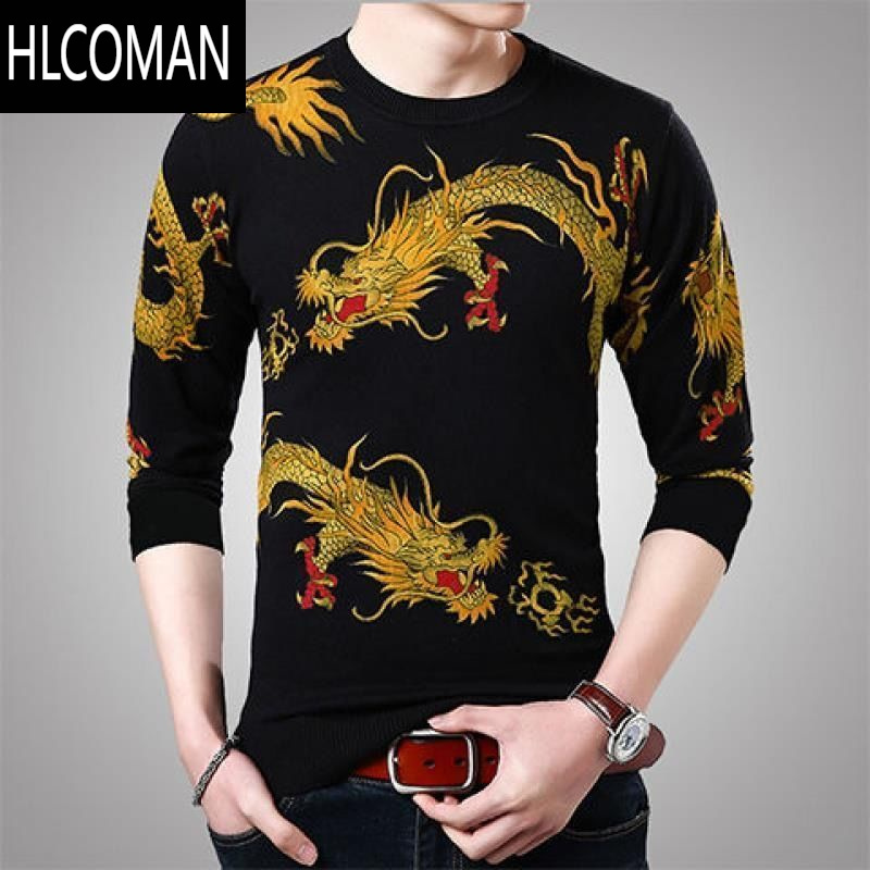 HLCOMAN2023长袖t恤男秋季男士体恤衣服中国风男装圆领上衣3D印花打底衫