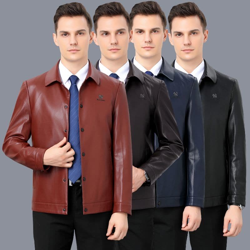 正品春秋装新款海宁山羊皮真皮皮衣男士夹克潮流新款帅气机车皮夹克外套羊皮皮衣男真皮外套潮短款翻领软皮夹克男装大码外套正品图片