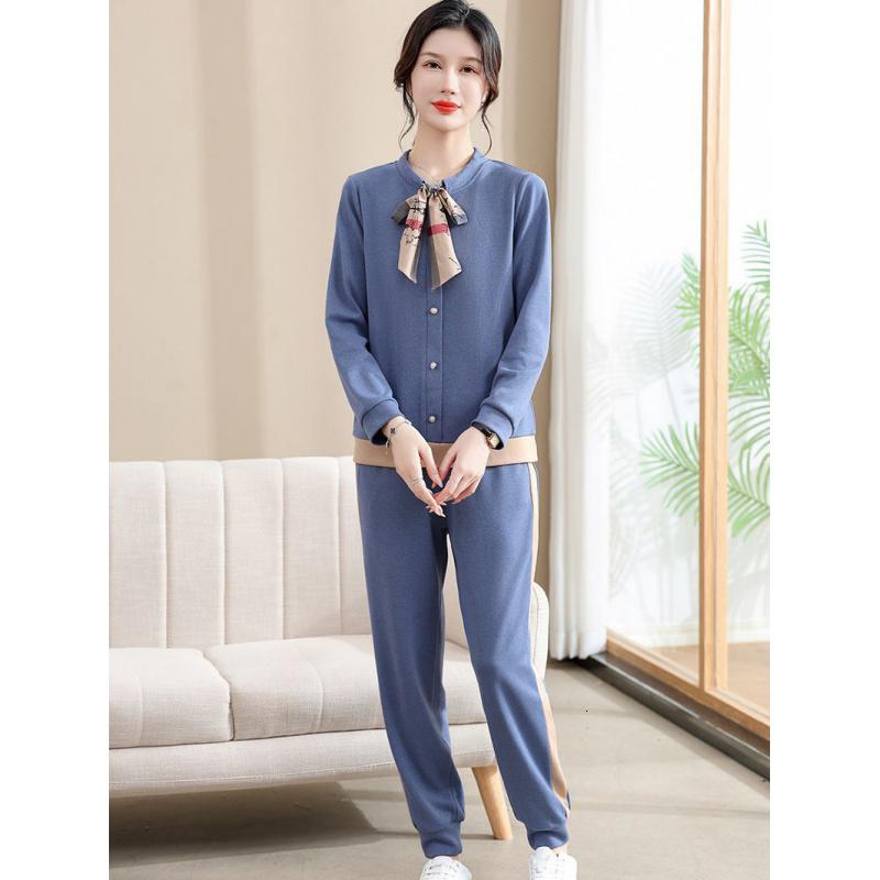 妈妈秋装套装长袖针织衫休闲装女士上衣服中老年人春秋大码两件套_401高清大图