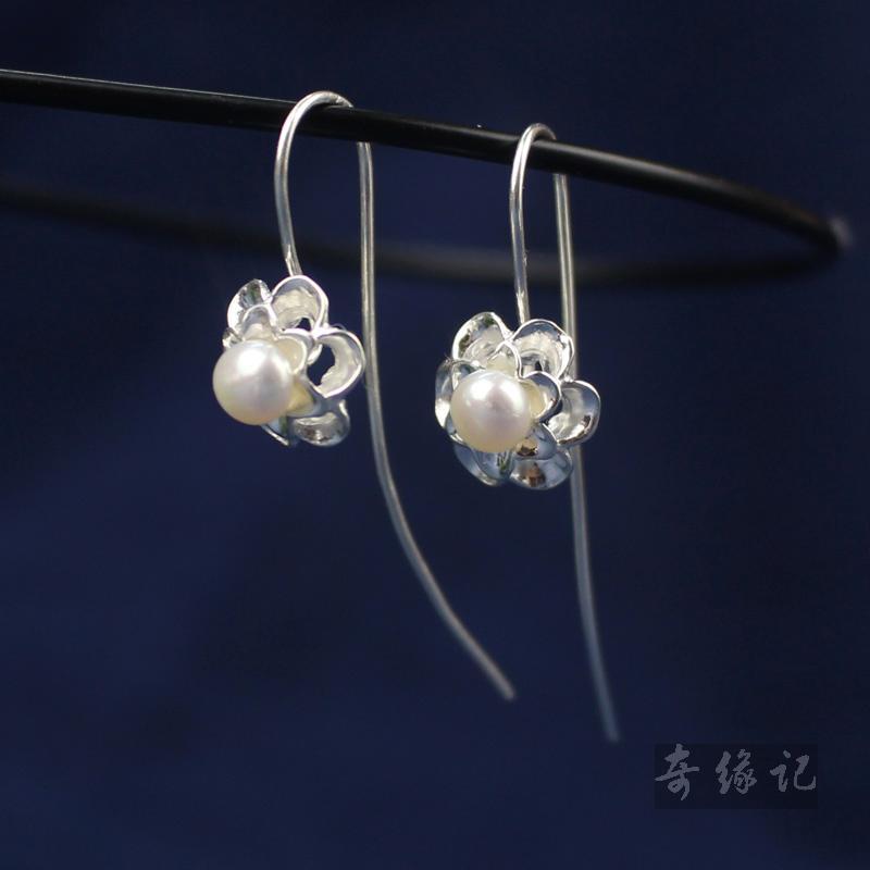 日韩版天然珍珠耳坠925纯银唯美花朵耳环女气质甜美耳钉 时尚饰品送女朋友老婆生日礼物送女朋友七夕情人节礼物