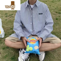 YANXU日系条纹长袖衬衫男士秋季港风宽松胖子加肥加大码感衬衣外套