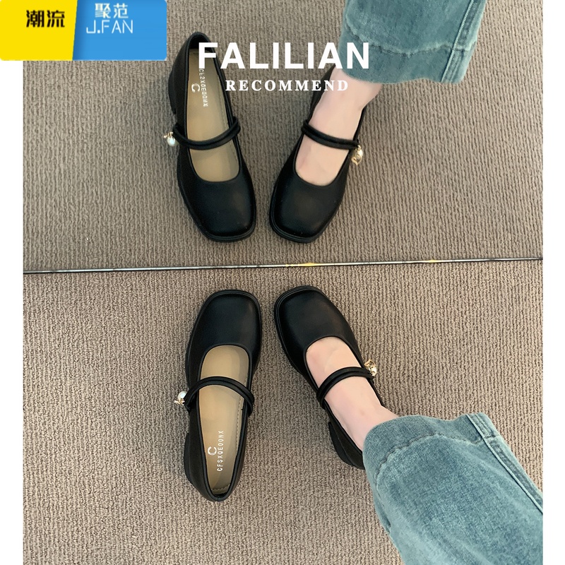 聚范法式单鞋女2024新款夏季配裙子3公分小跟鞋黑色粗跟玛丽珍小皮鞋高清大图