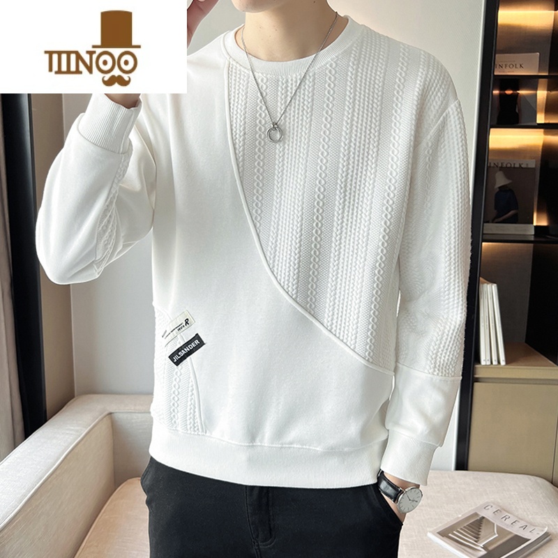 YANXU白色圆领卫衣男士2023秋季新款潮牌拼接设计感男生纹理感秋装上衣高清大图