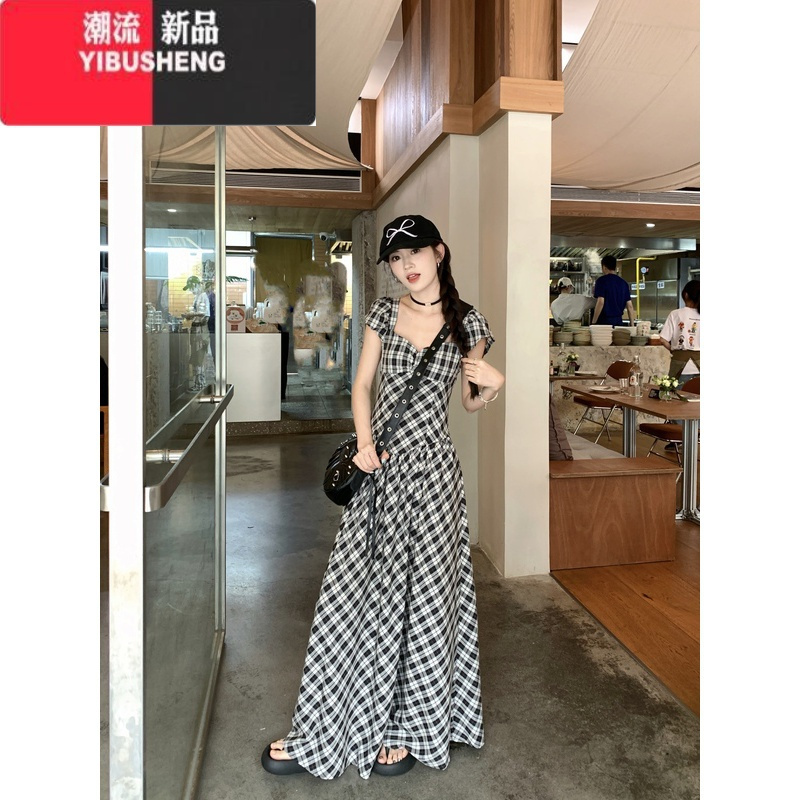 YIBUSHENG法式复古格纹撞色露背方领连衣裙女季气质收腰显瘦A字裙长裙子