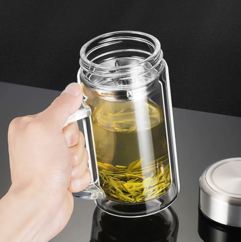 雷福峰双层玻璃杯大容量带把手滤网茶杯570ml/个高清大图