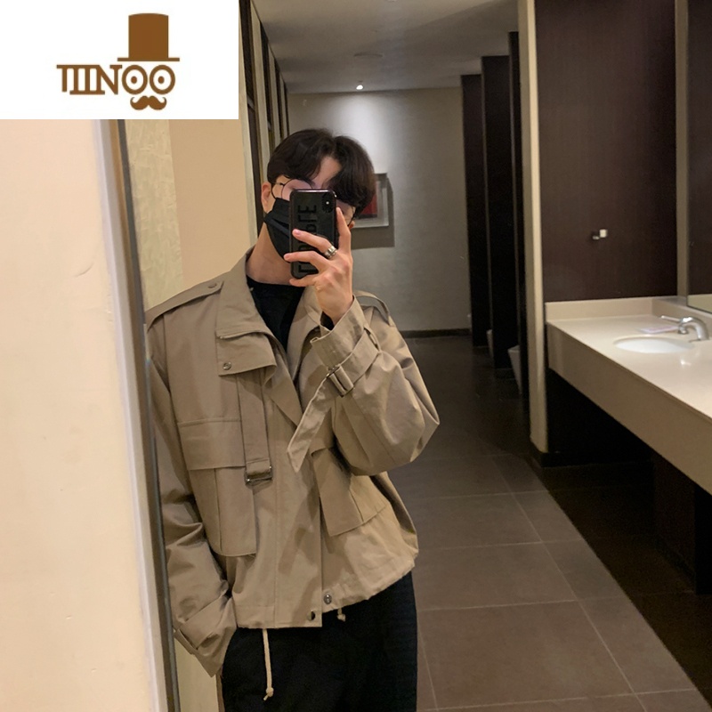 YANXU轻熟风帅气男士外套韩版设计感潮流假翻领复古工装夹克高清大图