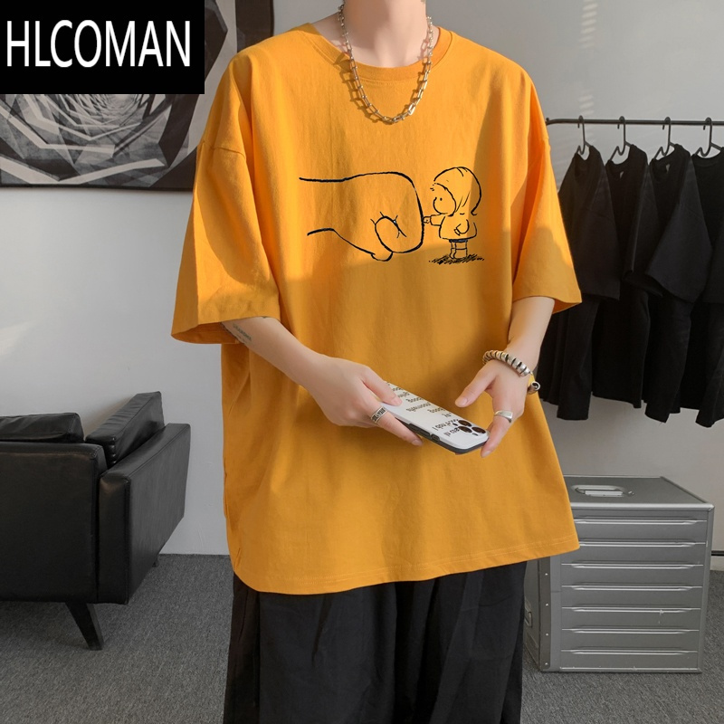 HLCOMAN青少年短袖t恤男夏季胖子大码宽松半袖oversize港风圆领体恤