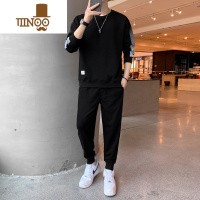 YANXU休闲运动套装男士圆领卫衣2023新款帅气男装一套搭配上衣服 L 0750黑色