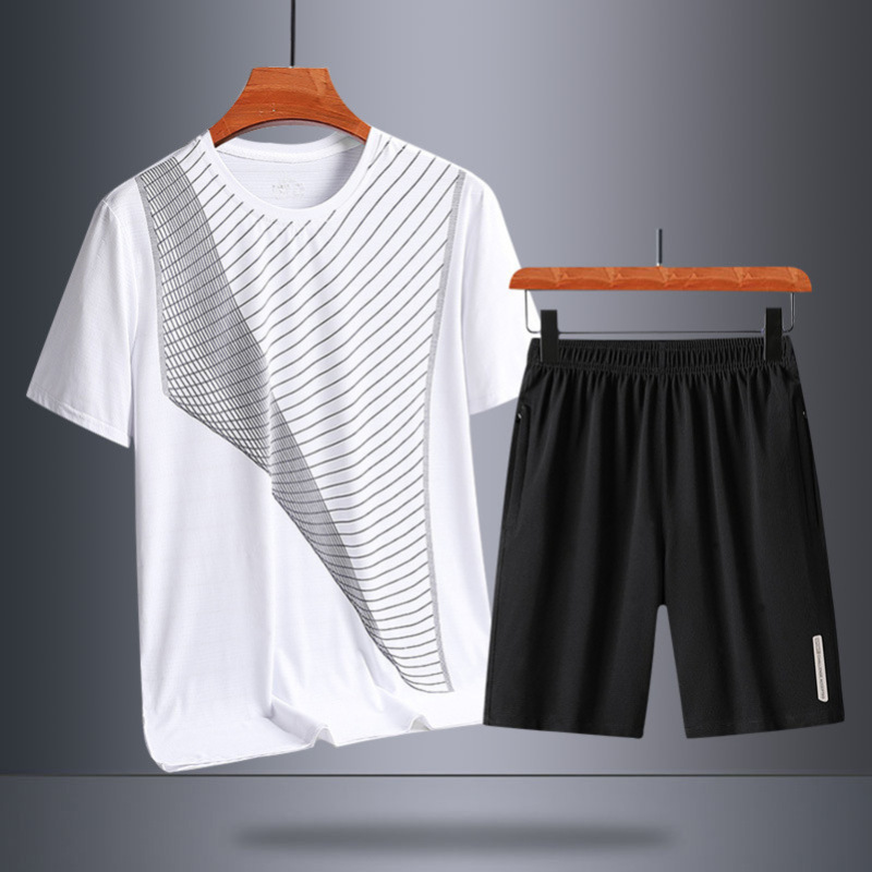 运动套装男冰丝跑步健身短袖透气短裤夏季冰丝t恤篮球上衣男装