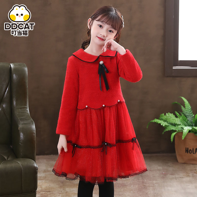 叮当猫女童加绒洋气冬装公主裙冬季连衣裙童装女孩毛衣裙儿童冬裙