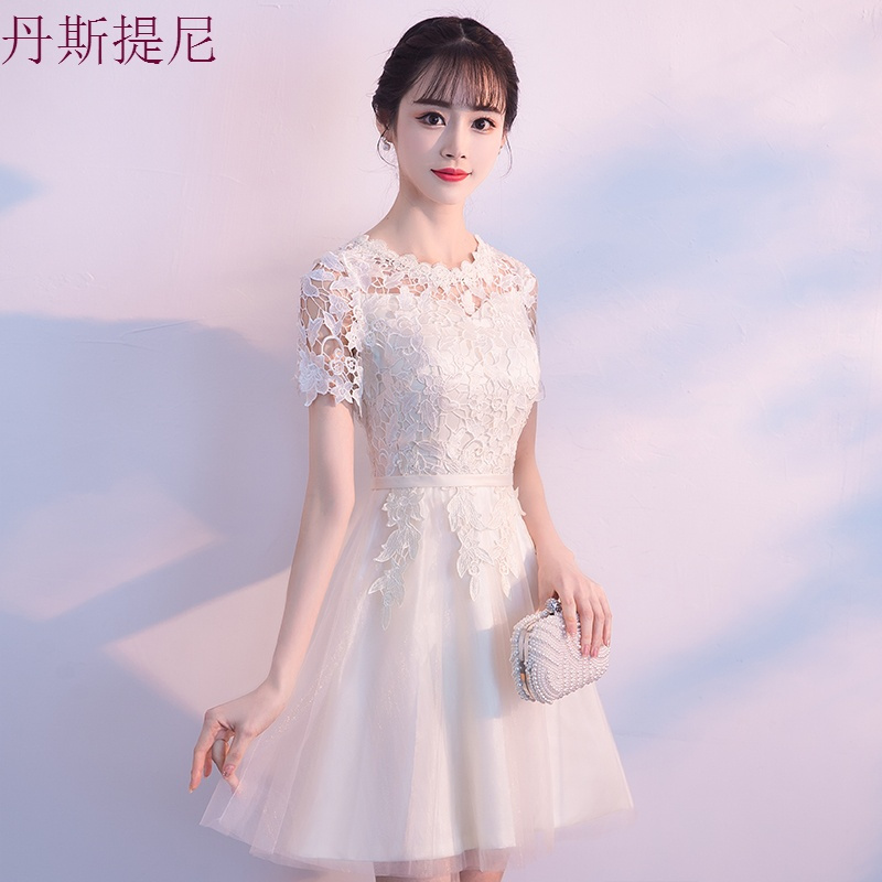 晚礼服女2018新款香槟色蕾丝短款显瘦宴会洋装小礼服伴娘连衣裙秋
