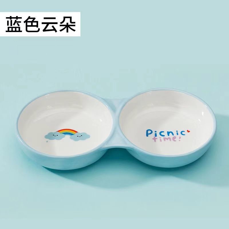 卡通猫蓝 小号(建议0-6斤犬猫) 猫碗陶瓷双碗狗盆猫食盆防黑下巴狗碗防打翻两用中小型宠物用品