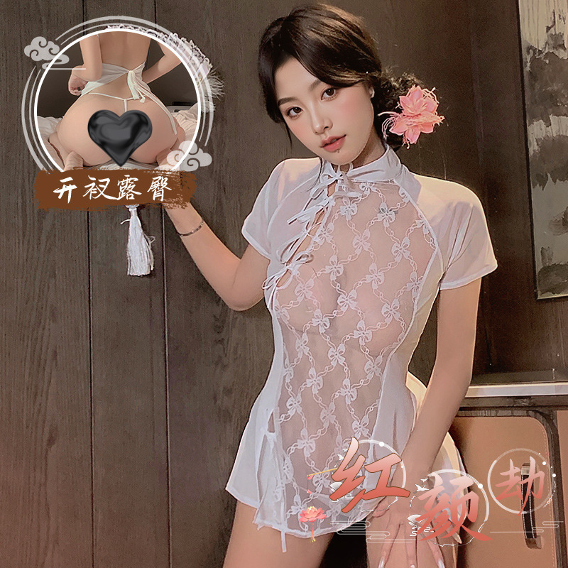 九里晴川复古旗袍刺绣镂空短裙性感露背古风绑带纯欲情趣内衣 九里晴川Q0099[透视旗袍裙] 均码高清大图