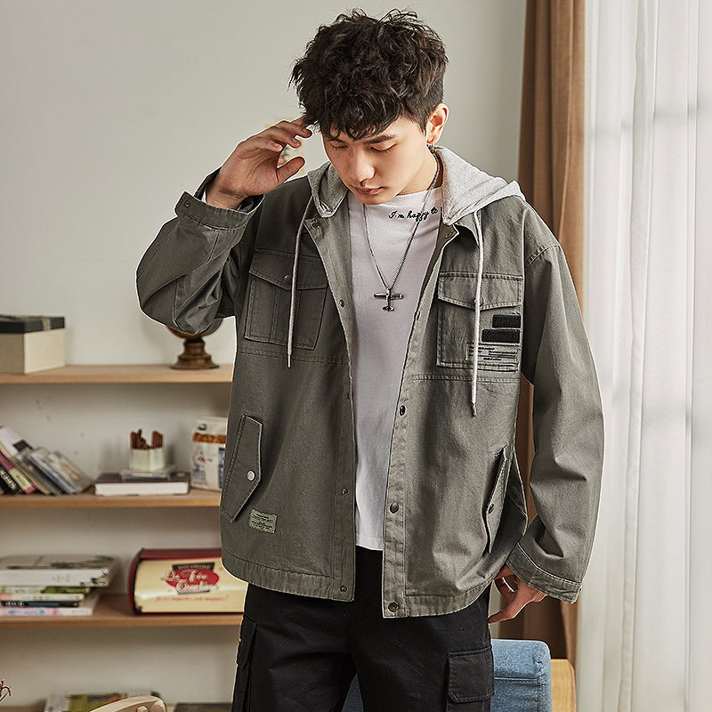 25折价149元唐狮春秋新款工装外套男连帽韩版潮流港风男夹克宽松休闲