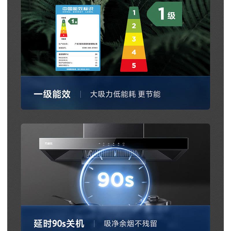 万家乐 抽油烟机 欧式油烟机自清洗20m³/min大吸力 挥手感应一级能效 家用免拆洗吸油烟机CXW-300-AT051图片