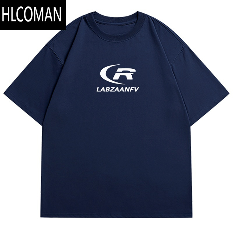 HLCOMAN美式小众字母印花藏青色短袖t恤男夏季潮牌宽松休闲上衣