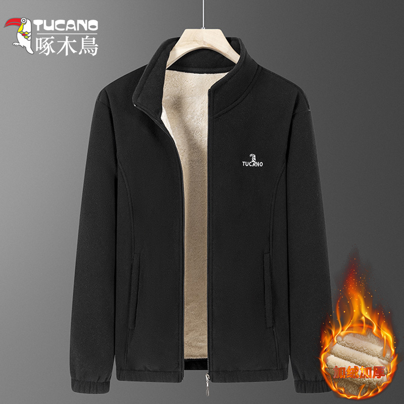 啄木鸟摇粒绒外套男士秋冬季加绒加厚开衫抓绒卫衣立领羊羔绒夹衣高清大图