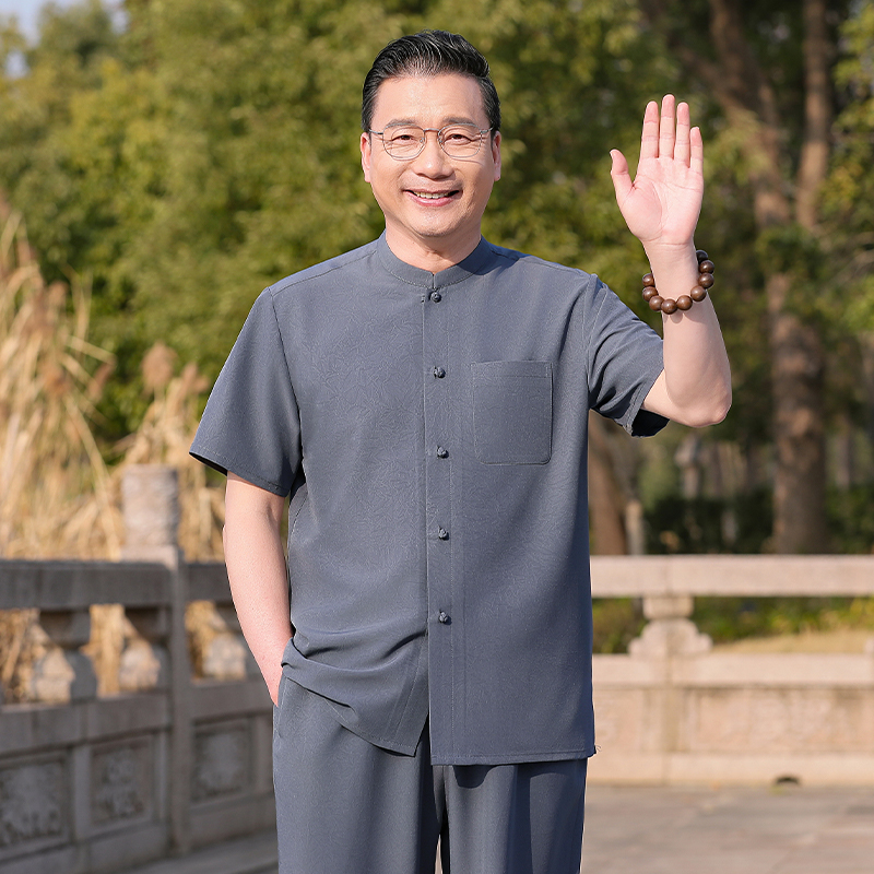 啄木鸟短袖套装男士夏季冰丝爸爸装唐装中老年爷爷中式衣服两件套高清大图
