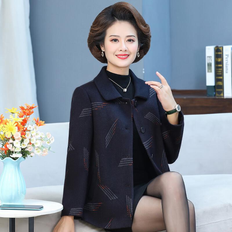 迪鲁奥（DILUAO)妈妈春秋装毛呢外套2021新款中老年女装翻领呢子开衫短款夹克上衣_447 2XL(建议105-120斤) 藏青色