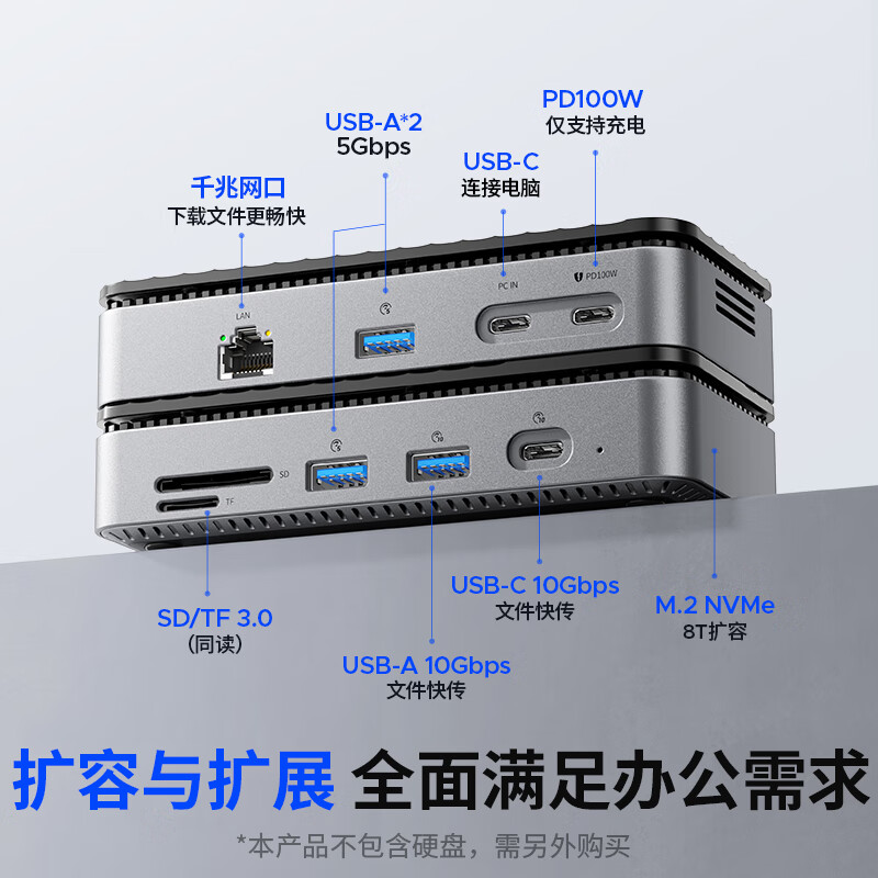 奥睿科(ORICO)硬盘盒扩展坞type-c转网口M.2 NVMe固态移动硬盘盒USB3.2高速拓展坞(无硬盘)M2P7高清大图