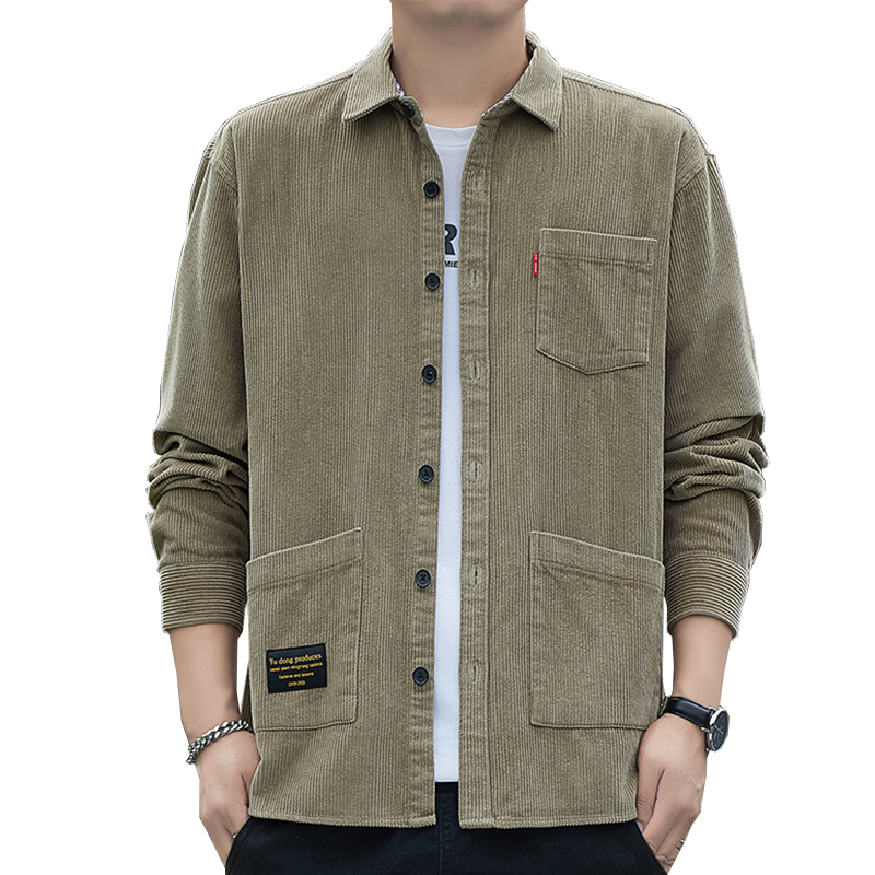 恒源祥春秋新款纯棉灯芯绒衬衫男士长袖条绒外穿休闲工装衬衣款款高清大图