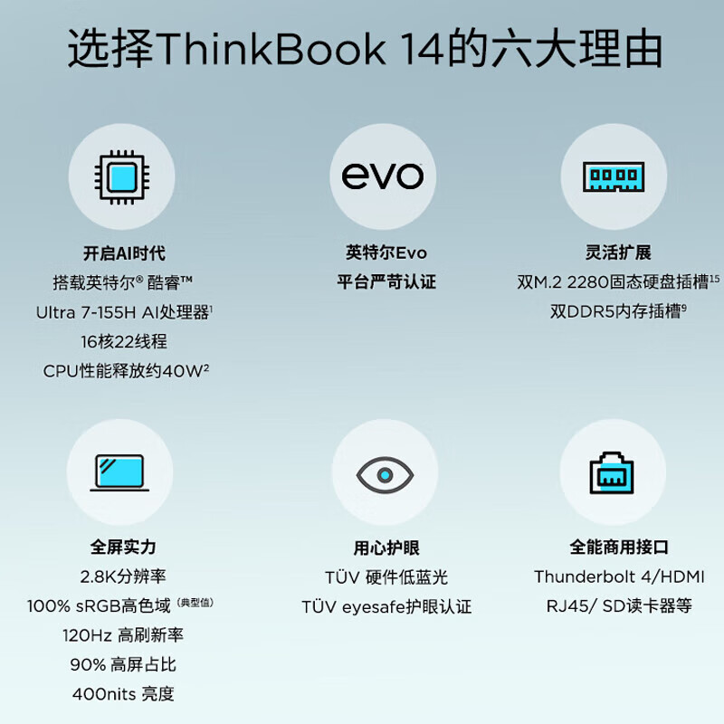 ThinkPad 联想ThinkBook 14 2024款14英寸大屏学生游戏娱乐商务办公笔记本电脑 6MCD 2.8K高色域屏 定制UItra7-155H 16G内存 2T固态