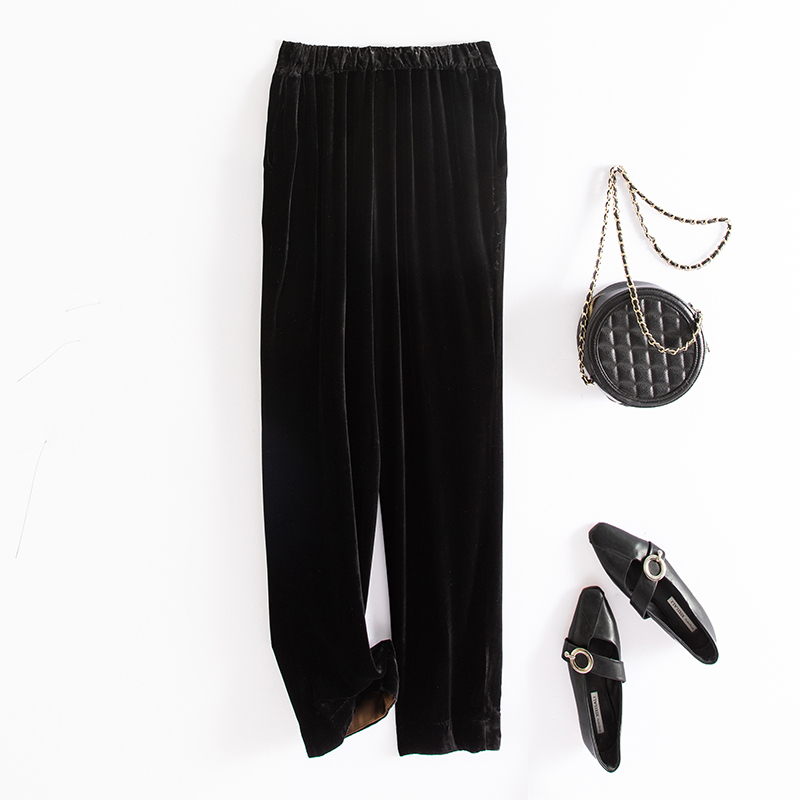 高档真丝丝绒裤子女垂感桑蚕丝休闲裤黑色中腰直筒九分裤秋冬