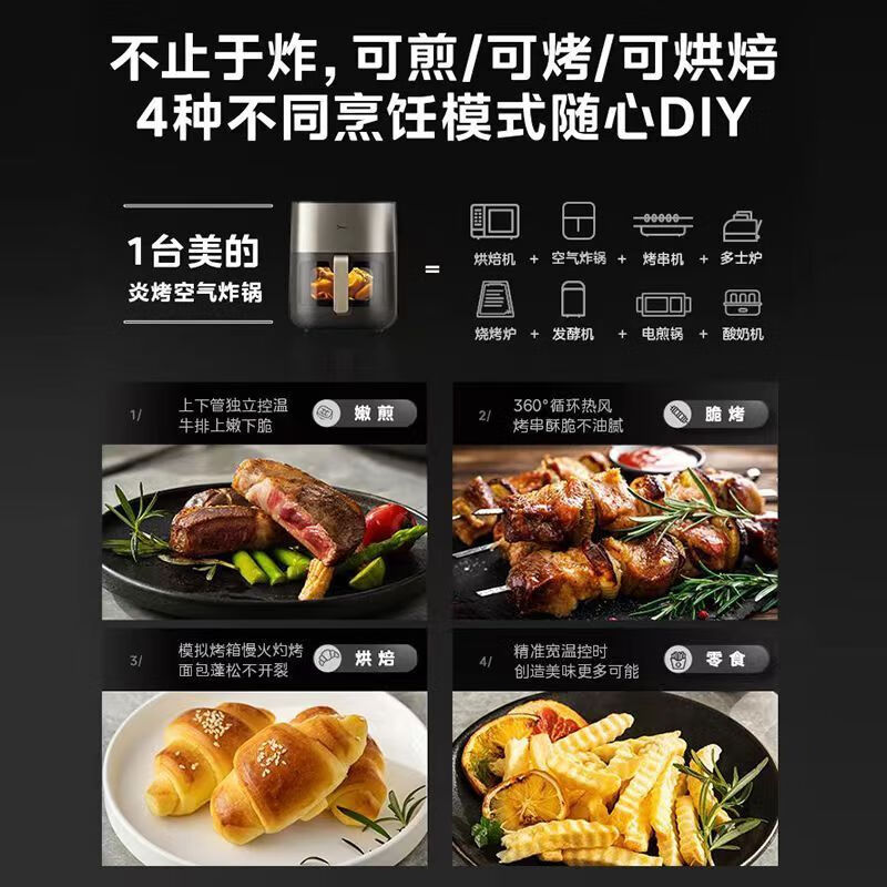 美的炎烤空气炸锅新款上下加热家用大容量智能多功能可视电炸锅 匀烤免翻面[5L可视款]高清大图