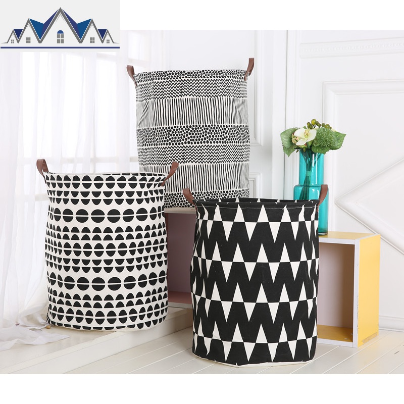 INS北欧风家居儿童玩具收纳桶 皮把手防水整理储物桶棉麻脏衣篮 三维工匠收纳篮高清大图