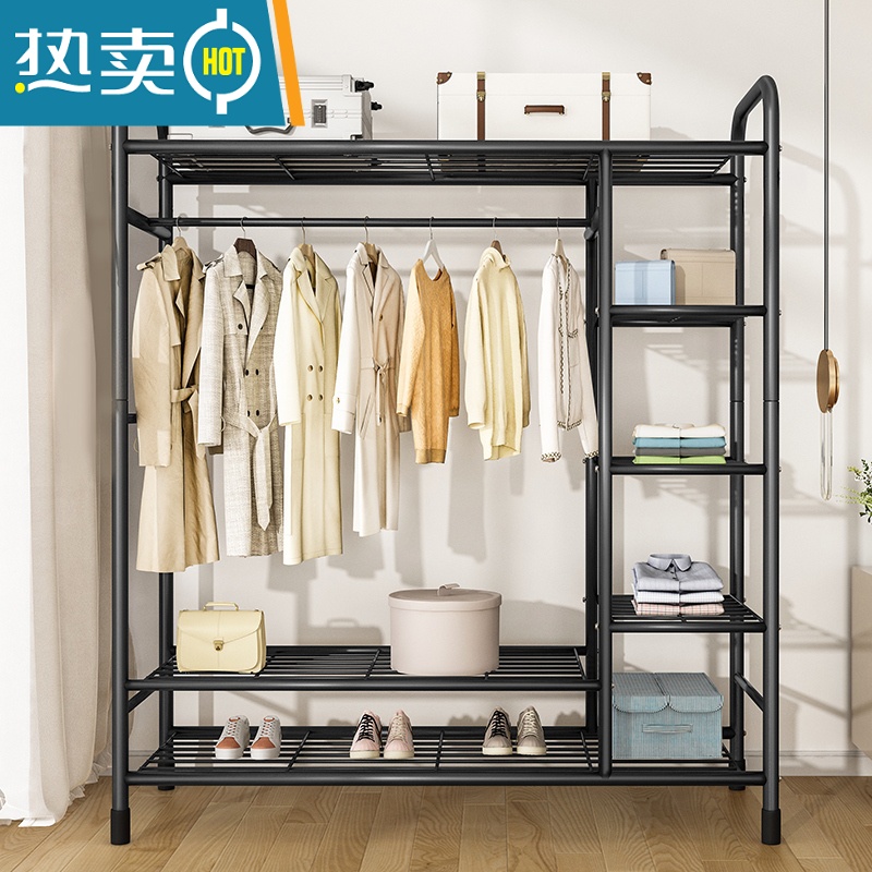 敬平衣帽架双杆晾衣架落地卧室内简易折叠挂衣架子家用晒衣服架收纳架 100cm-上下双置物网-白色高清大图