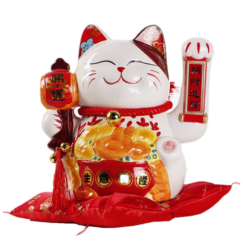 日式发财猫陶瓷特大号电动摇手猫摆件客厅店铺开业礼品收银台 三维工匠 11寸新款683八方来财
