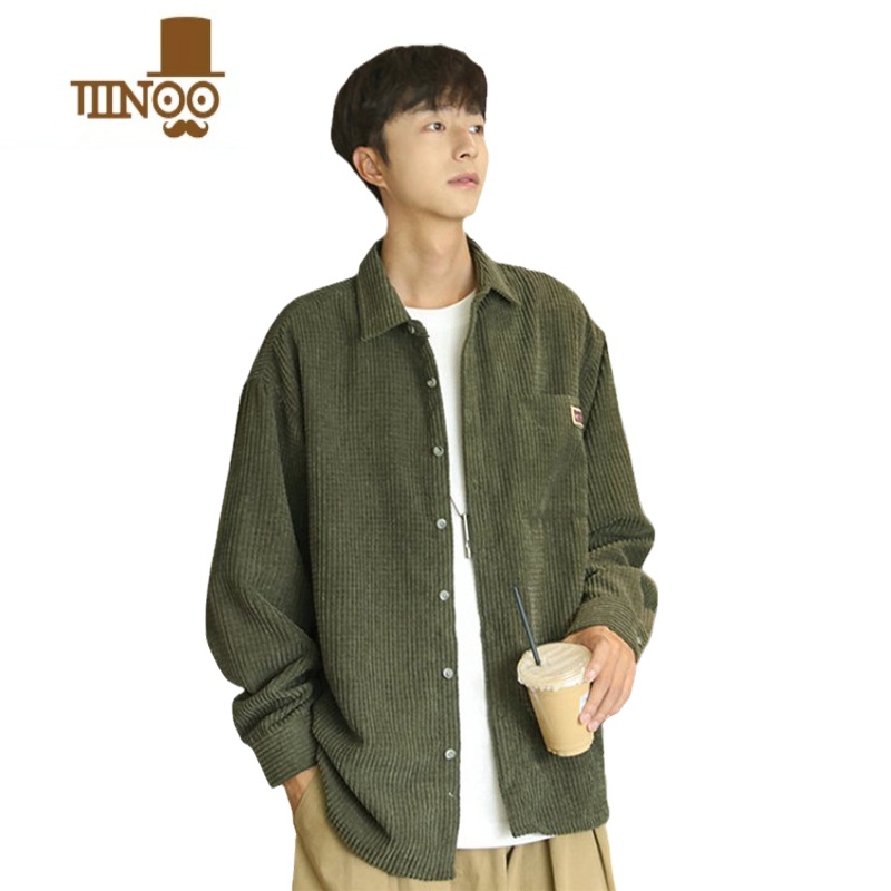 YANXU美式复古华夫格灯芯绒衬衫男长袖新款外套痞帅日系上衣服潮高清大图