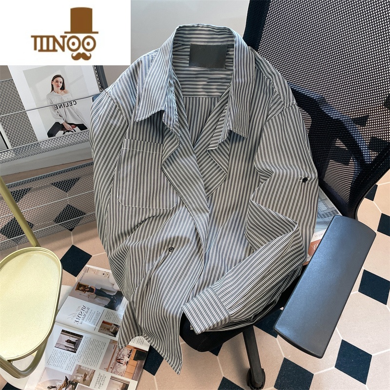 YANXU美式复古感痞帅条纹衬衫外套男女港风宽松休闲长袖上衣潮高清大图