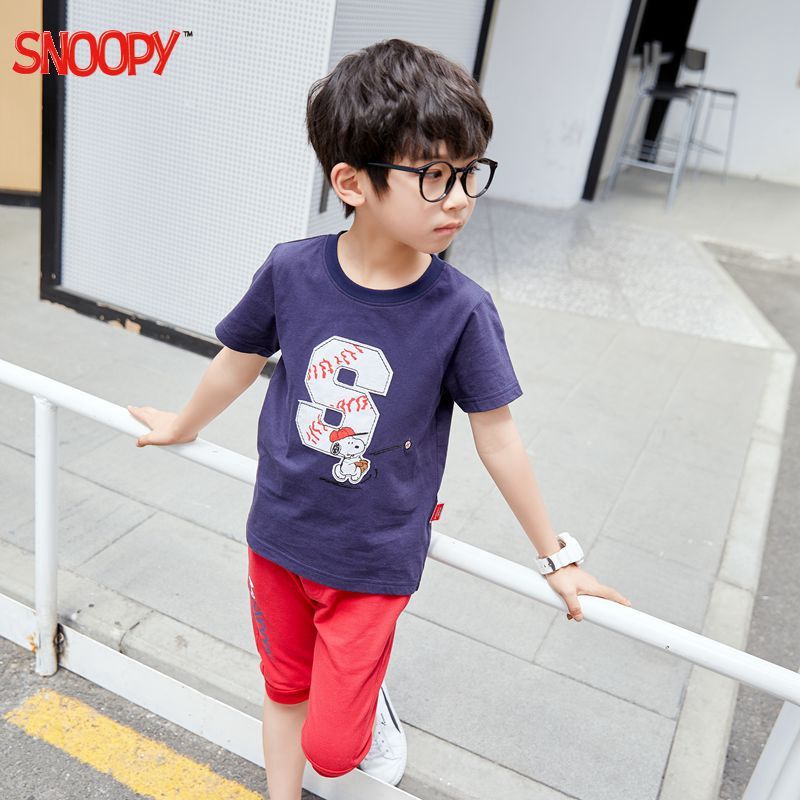 史努比(SNOOPY)童装男童深蓝色短袖t恤纯棉中小童半袖休闲上衣儿童条纹体恤薄款宝宝夏装潮90-140cm