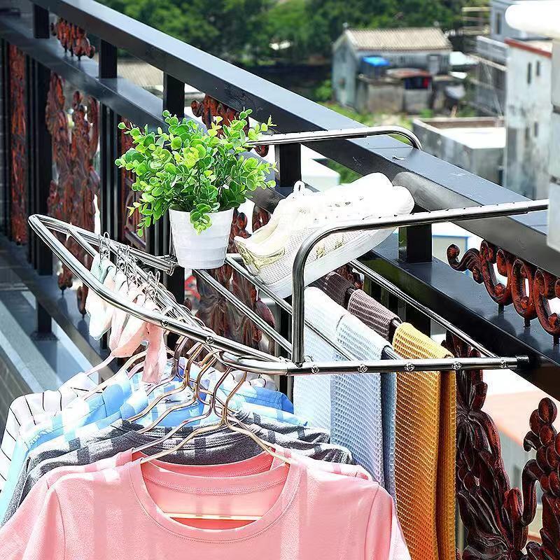 阳台晾衣架免安装伸缩折叠室内外窗台晾晒架衣服架子不锈钢晒|60cm圆管延伸加宽 加厚不锈钢(适合18cm内墙体)