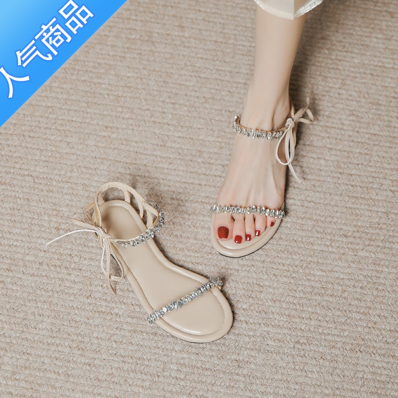 SUNTEK法式小众高级感不灵不灵的凉鞋女款夏季水钻仙女风平底配裙子的配高清大图