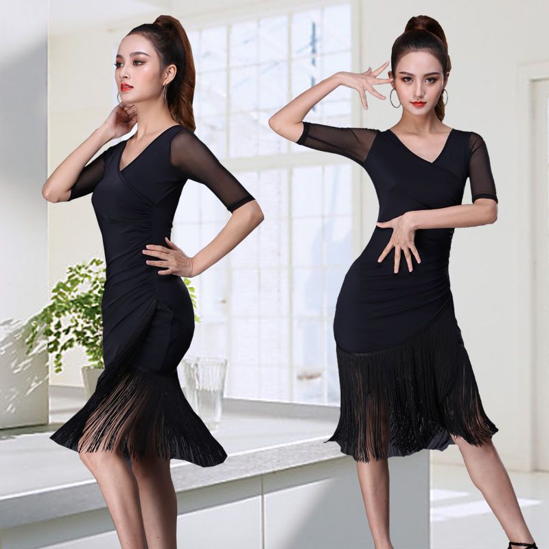拉丁舞服装成人女连衣裙性感新款成年春夏款流苏裙训练舞蹈练功服黑色
