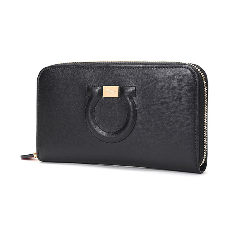 Ferragamo 菲拉格慕 女士黑色牛皮光面拉链长款手包 22C843 0683623