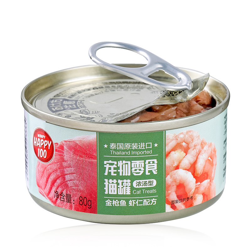 顽皮Happy100宠物零食 猫罐 金枪鱼 虾仁鱼配方浓汤型80g*12